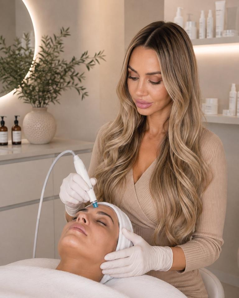An esthetician giving a client a hydrodermabrasion facial in a softly lit, neutral-toned treatment room.